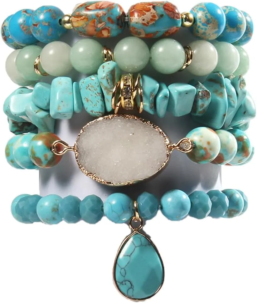 5PCS 6PCS Natural Boho Beaded Bracelets/Bangle for Women Men,Healing Turquoise Jasper Agate Crystal Gemstone Stone Chakra Multilayer Wrap Bohemian Handmade Jewelry Beads Stretch Bracelet Set