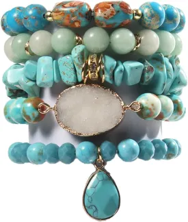 5PCS 6PCS Natural Boho Beaded Bracelets/Bangle for Women Men,Healing Turquoise Jasper Agate Crystal Gemstone Stone Chakra Multilayer Wrap Bohemian Handmade Jewelry Beads Stretch Bracelet Set