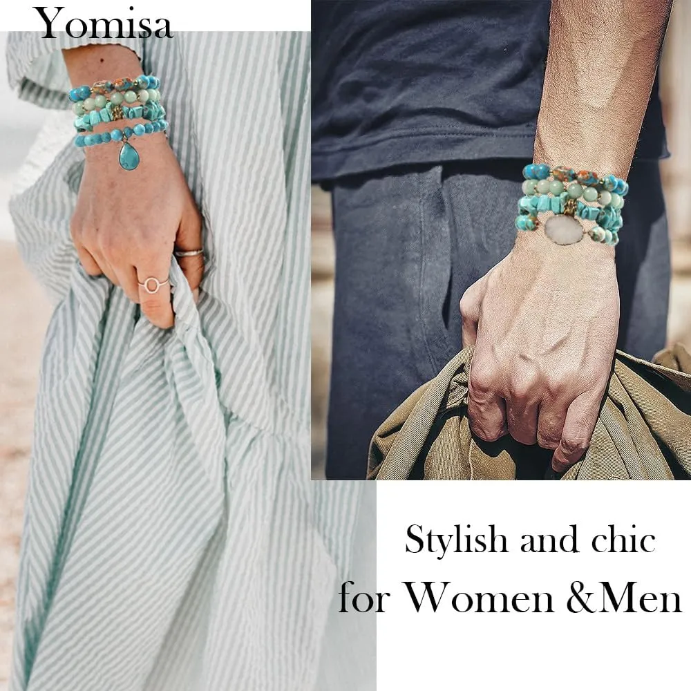 5PCS 6PCS Natural Boho Beaded Bracelets/Bangle for Women Men,Healing Turquoise Jasper Agate Crystal Gemstone Stone Chakra Multilayer Wrap Bohemian Handmade Jewelry Beads Stretch Bracelet Set