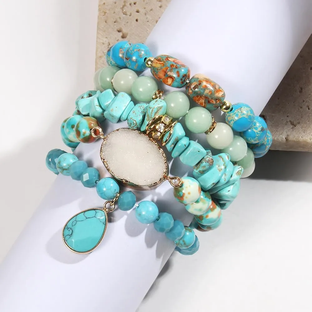 5PCS 6PCS Natural Boho Beaded Bracelets/Bangle for Women Men,Healing Turquoise Jasper Agate Crystal Gemstone Stone Chakra Multilayer Wrap Bohemian Handmade Jewelry Beads Stretch Bracelet Set
