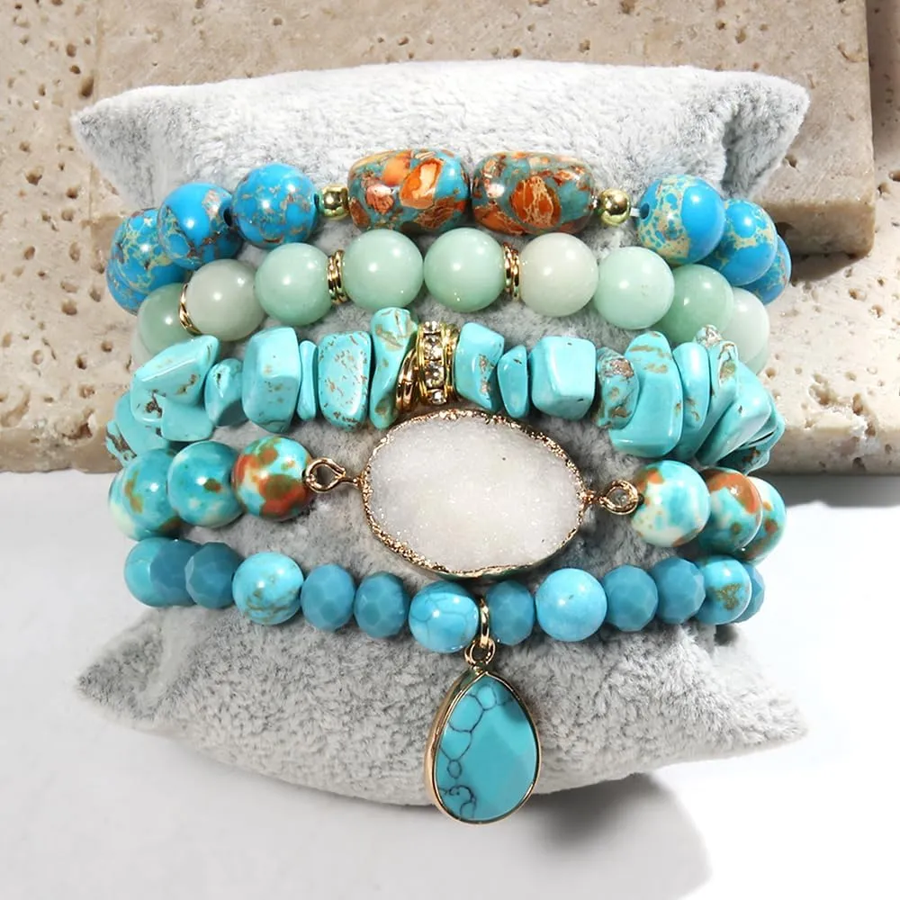 5PCS 6PCS Natural Boho Beaded Bracelets/Bangle for Women Men,Healing Turquoise Jasper Agate Crystal Gemstone Stone Chakra Multilayer Wrap Bohemian Handmade Jewelry Beads Stretch Bracelet Set