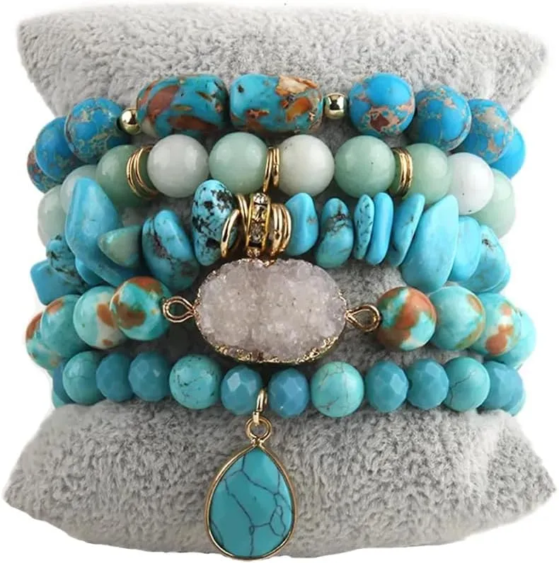 5PCS 6PCS Natural Boho Beaded Bracelets/Bangle for Women Men,Healing Turquoise Jasper Agate Crystal Gemstone Stone Chakra Multilayer Wrap Bohemian Handmade Jewelry Beads Stretch Bracelet Set