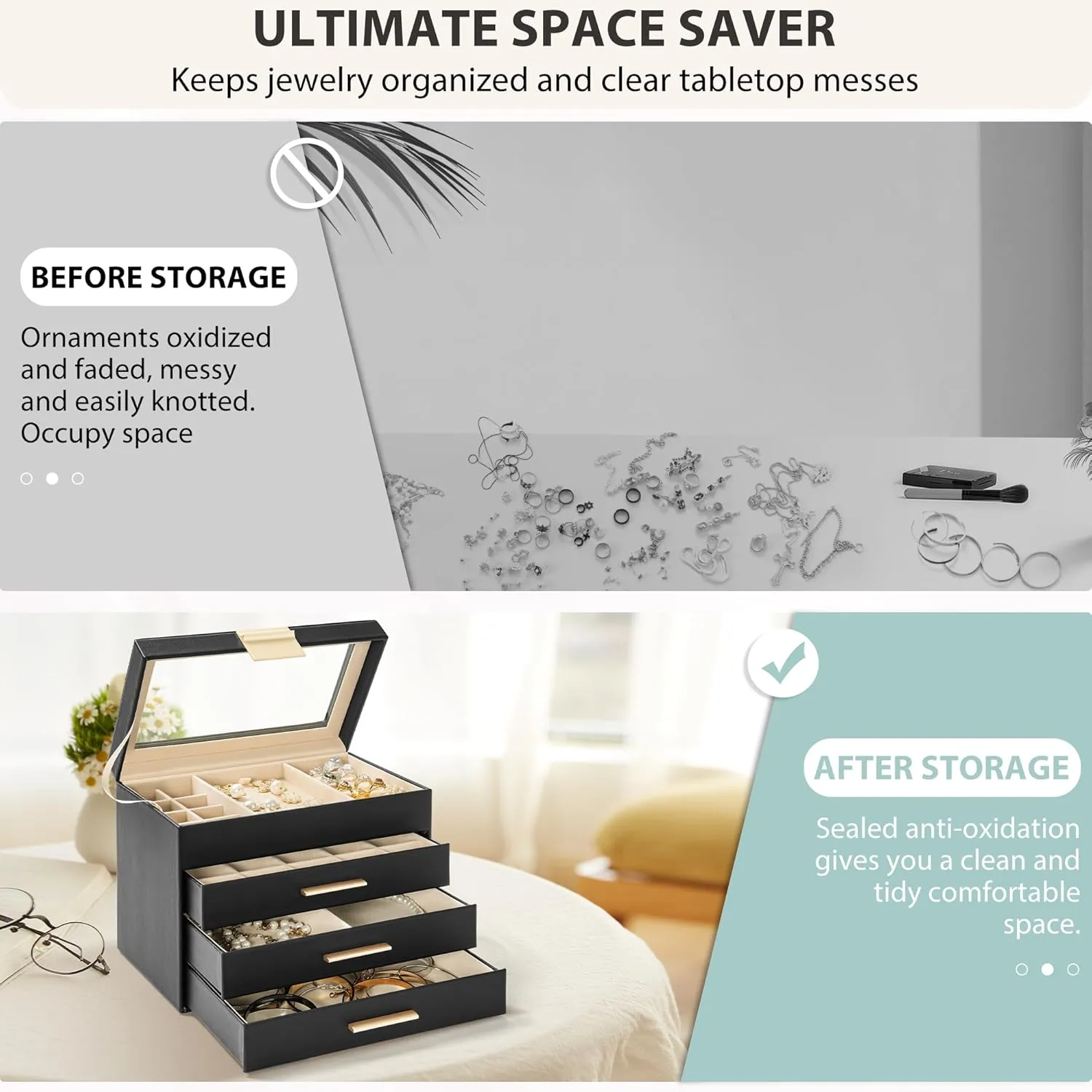 AKOZLIN 4-Tier Jewelry Box with Clear Glass Lid Functional Leather Jewelry Storage Organizer Case 3 Drawers for Women Girls Necklace Ring Bracelet Earring Black