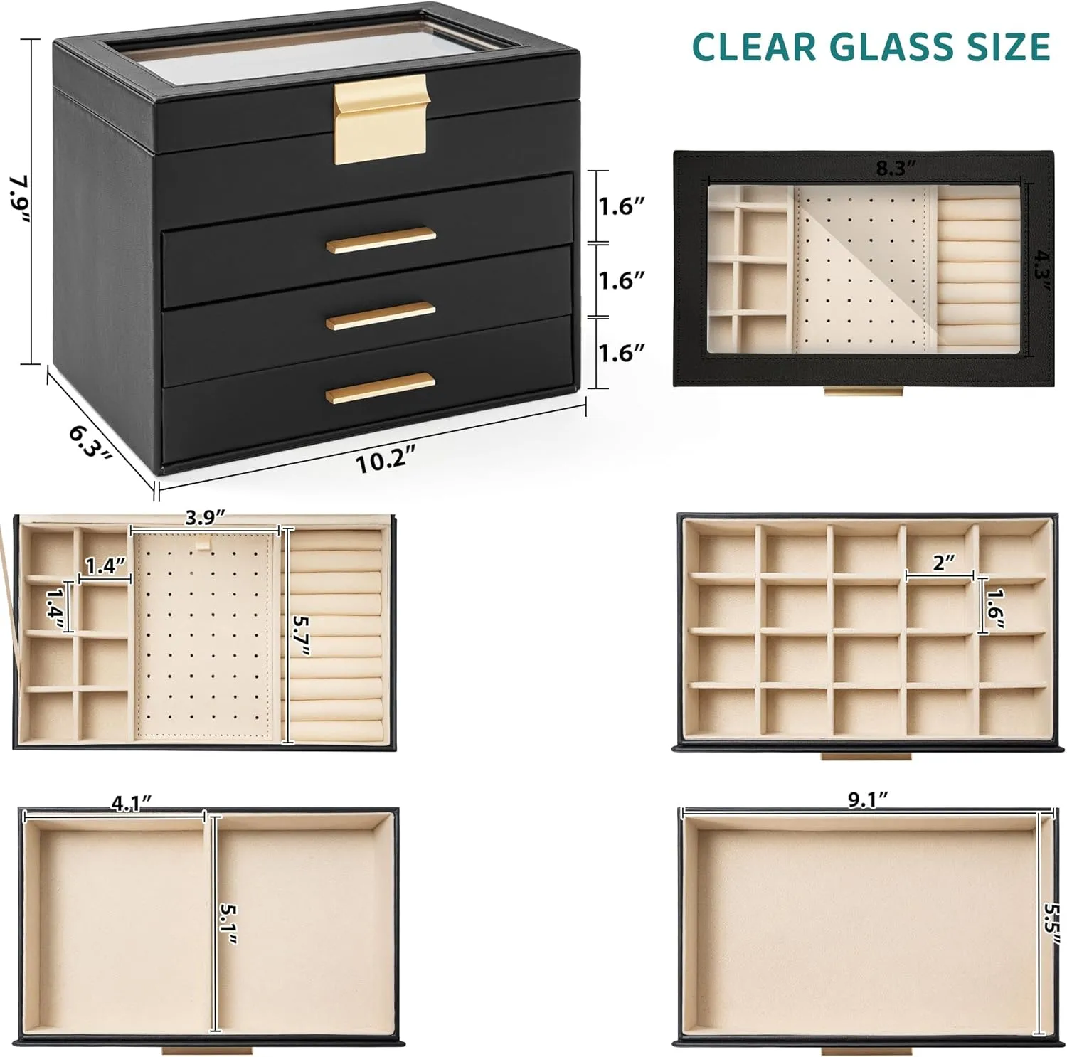 AKOZLIN 4-Tier Jewelry Box with Clear Glass Lid Functional Leather Jewelry Storage Organizer Case 3 Drawers for Women Girls Necklace Ring Bracelet Earring Black