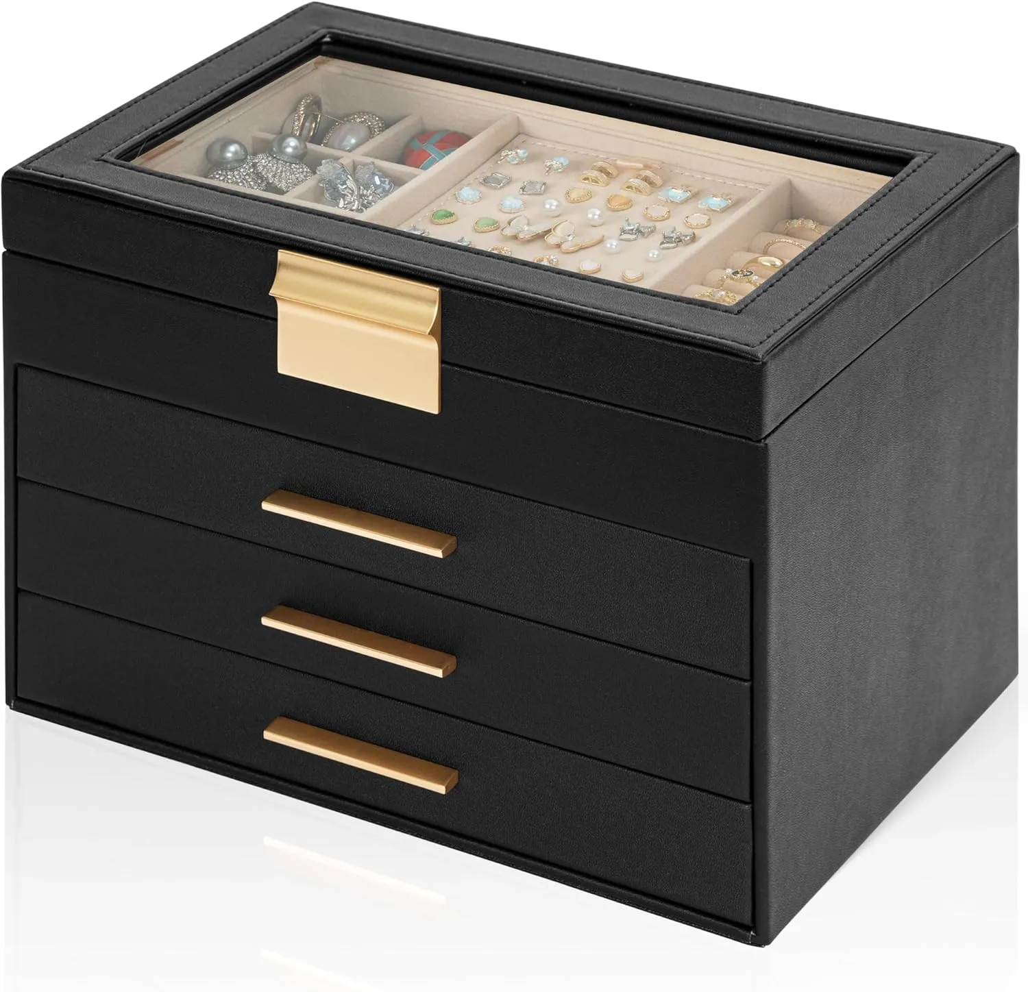 AKOZLIN 4-Tier Jewelry Box with Clear Glass Lid Functional Leather Jewelry Storage Organizer Case 3 Drawers for Women Girls Necklace Ring Bracelet Earring Black