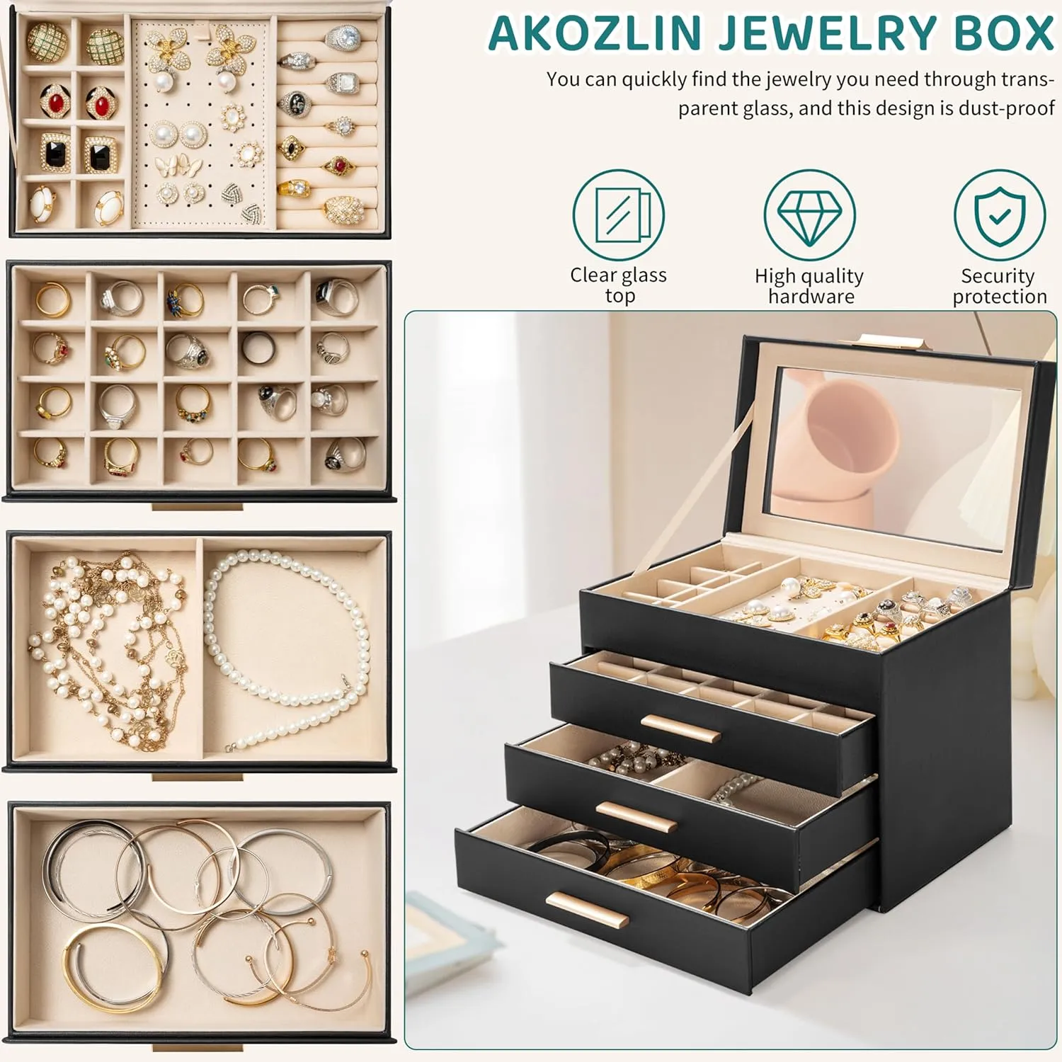 AKOZLIN 4-Tier Jewelry Box with Clear Glass Lid Functional Leather Jewelry Storage Organizer Case 3 Drawers for Women Girls Necklace Ring Bracelet Earring Black