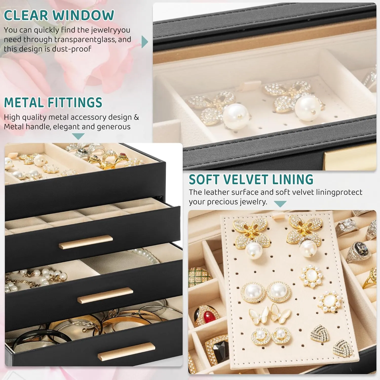 AKOZLIN 4-Tier Jewelry Box with Clear Glass Lid Functional Leather Jewelry Storage Organizer Case 3 Drawers for Women Girls Necklace Ring Bracelet Earring Black