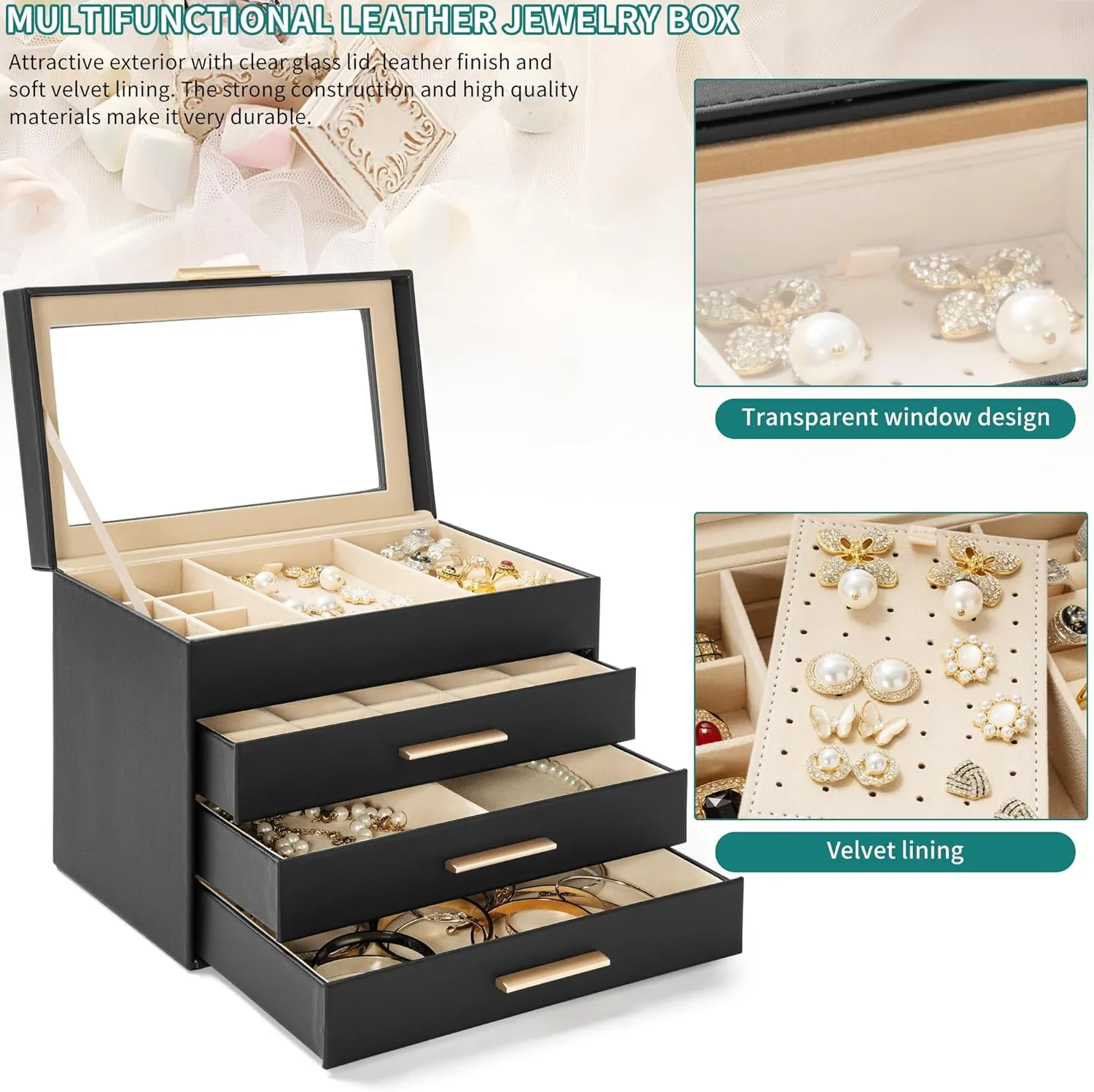 AKOZLIN 4-Tier Jewelry Box with Clear Glass Lid Functional Leather Jewelry Storage Organizer Case 3 Drawers for Women Girls Necklace Ring Bracelet Earring Black