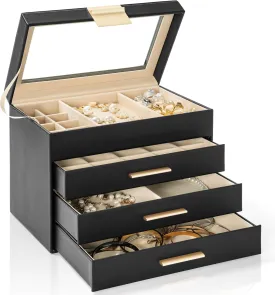 AKOZLIN 4-Tier Jewelry Box with Clear Glass Lid Functional Leather Jewelry Storage Organizer Case 3 Drawers for Women Girls Necklace Ring Bracelet Earring Black