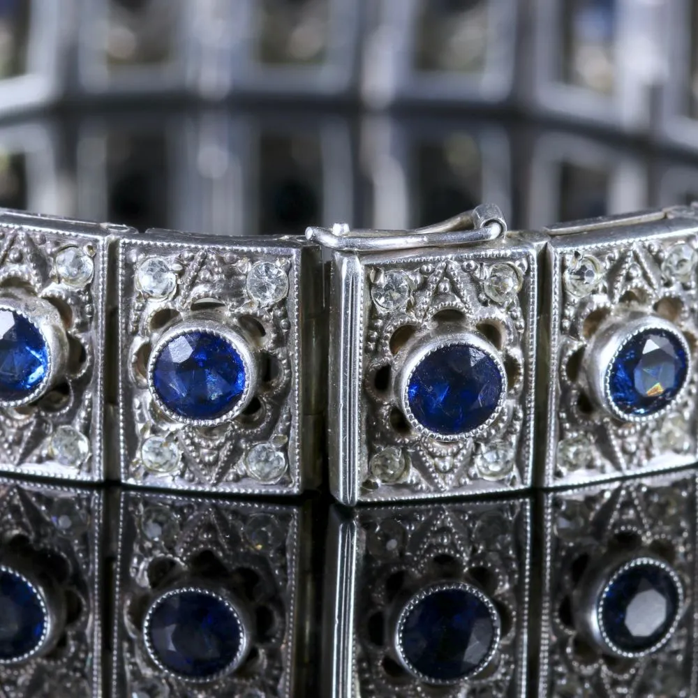 Antique Art Deco Silver Blue White Paste Bracelet Circa 1920