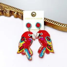 Beaded Parrot Earrings in Red with Two Stones