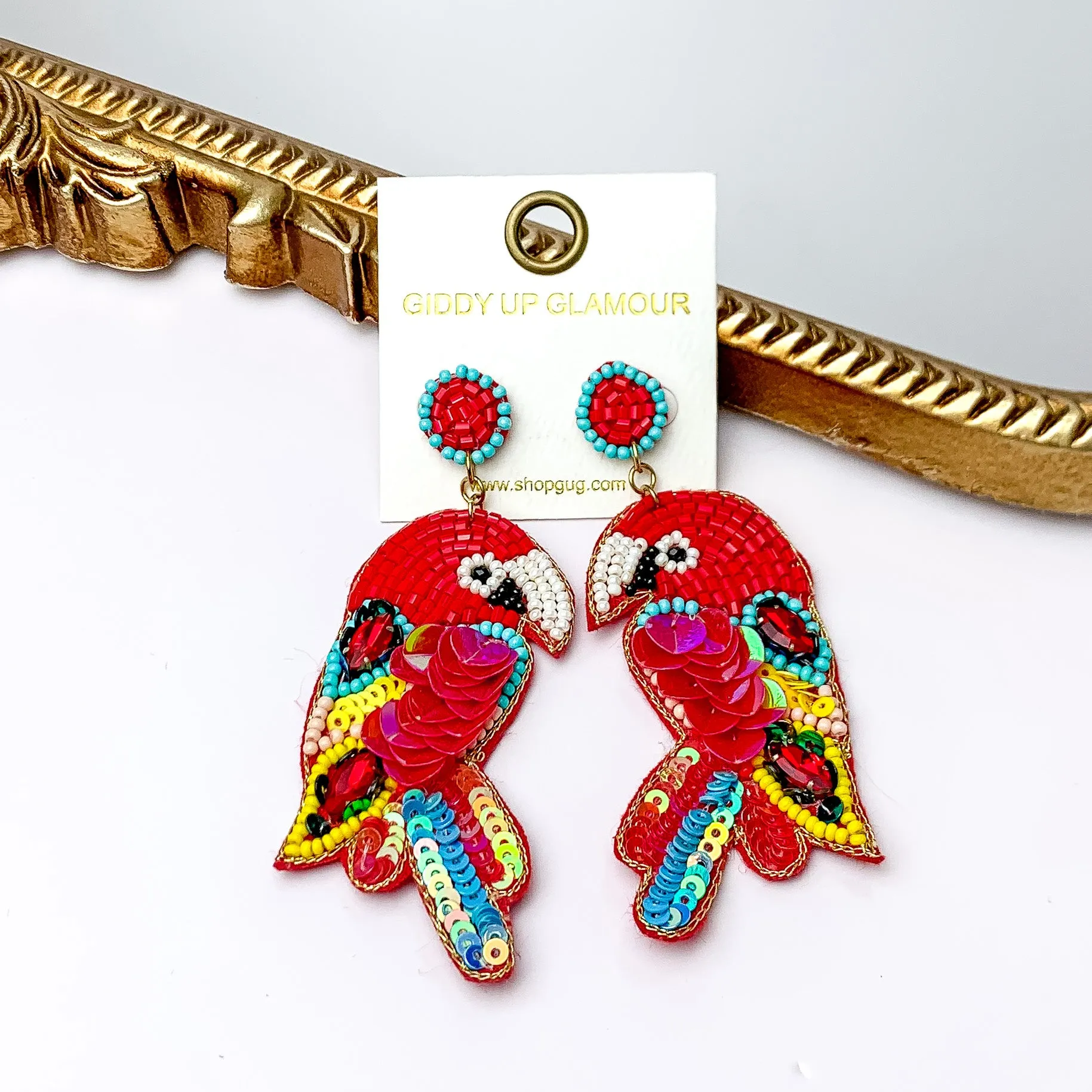 Beaded Parrot Earrings in Red with Two Stones