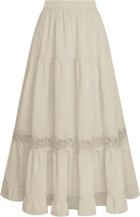 Belle Poque Women's Midi Skirt Boho Flowy Spring Summer Elastic Waist Aline Ruffle Lace Tiered Skirt with Pockets 2025
