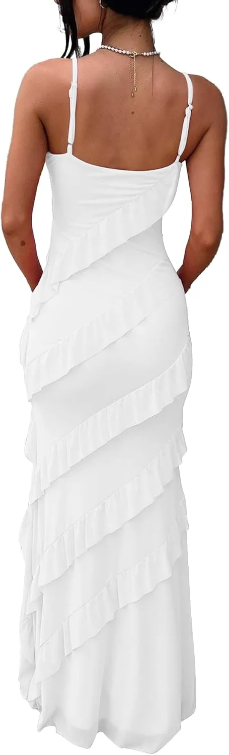 HOCILLE Women's Sexy V Neck Bodycon Spaghetti Strap Elegant Ruffle Maxi Cocktail Party Dresses