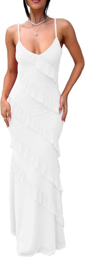 HOCILLE Women's Sexy V Neck Bodycon Spaghetti Strap Elegant Ruffle Maxi Cocktail Party Dresses