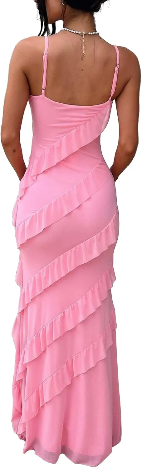 HOCILLE Women's Sexy V Neck Bodycon Spaghetti Strap Elegant Ruffle Maxi Cocktail Party Dresses