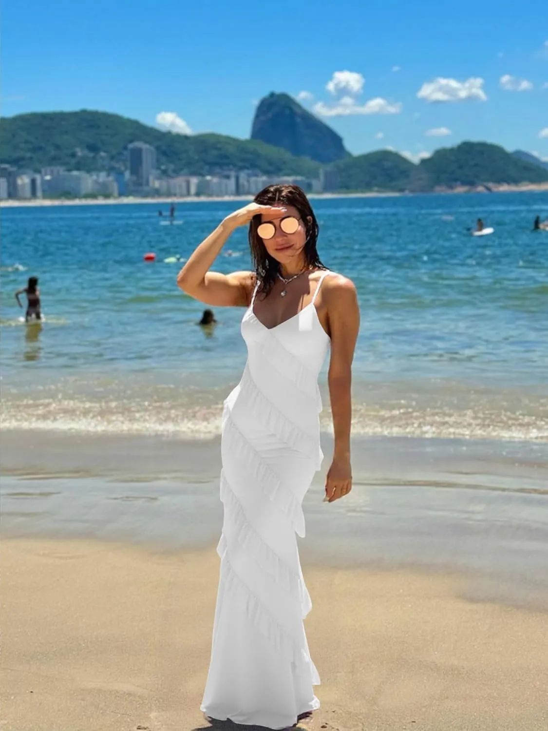 HOCILLE Women's Sexy V Neck Bodycon Spaghetti Strap Elegant Ruffle Maxi Cocktail Party Dresses