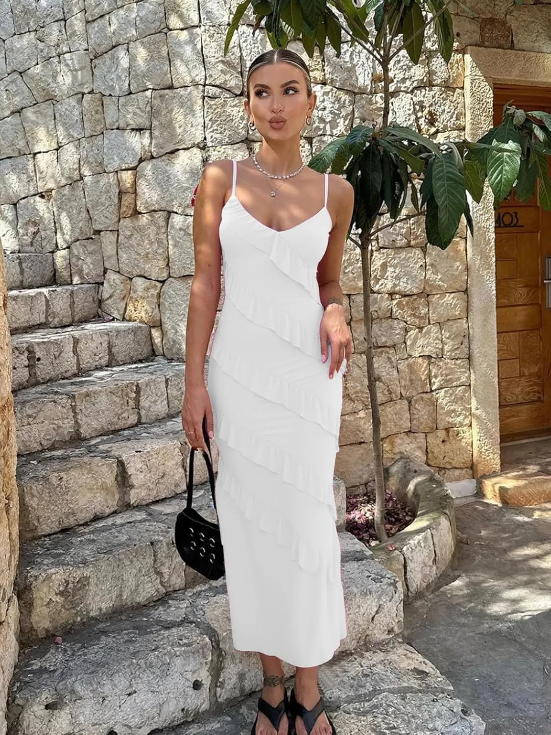 HOCILLE Women's Sexy V Neck Bodycon Spaghetti Strap Elegant Ruffle Maxi Cocktail Party Dresses
