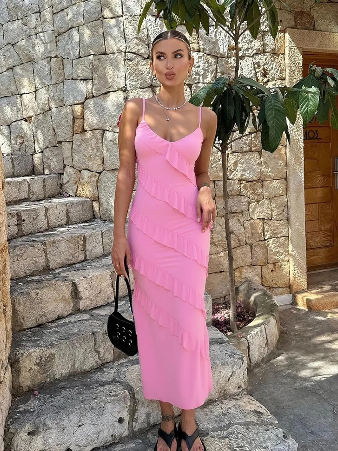 HOCILLE Women's Sexy V Neck Bodycon Spaghetti Strap Elegant Ruffle Maxi Cocktail Party Dresses