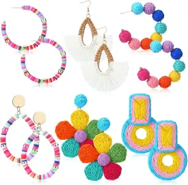 Kigeli 6 Pair Statement Rattan Earrings Summer Raffia Earrings Heishi Drop Hoop for Women Colorful Beach Beaded Tassel Dangle Boho Earring Handmade Jewelry Teacher Gift(Rainbow Color)