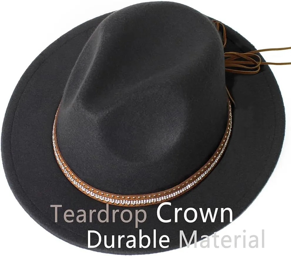 LolliWeaver Women Fashion Flat Wide Brim Teardrop Crown Felt Fedora Hat with Hat Belt