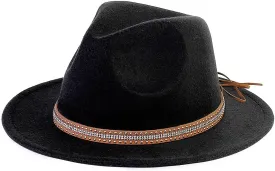 LolliWeaver Women Fashion Flat Wide Brim Teardrop Crown Felt Fedora Hat with Hat Belt