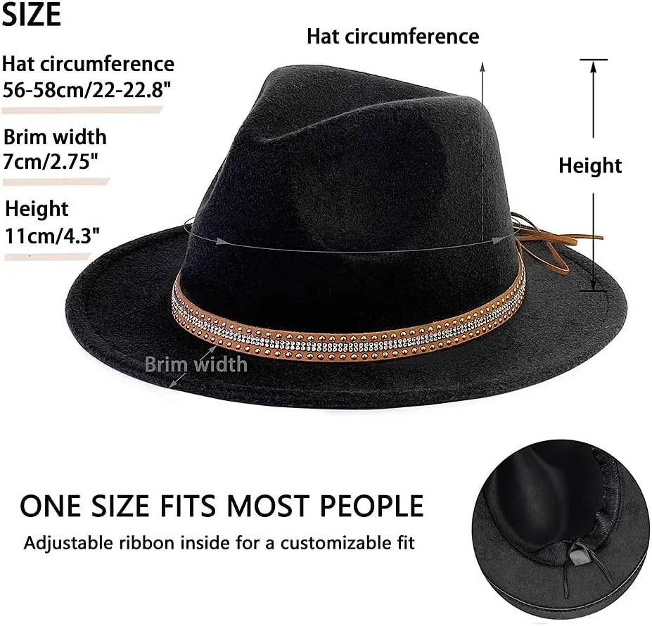 LolliWeaver Women Fashion Flat Wide Brim Teardrop Crown Felt Fedora Hat with Hat Belt
