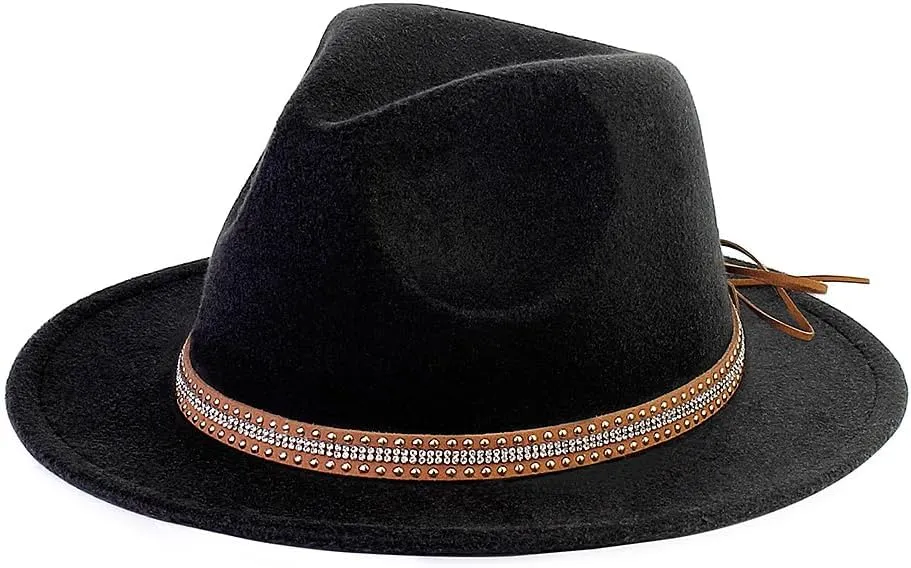 LolliWeaver Women Fashion Flat Wide Brim Teardrop Crown Felt Fedora Hat with Hat Belt