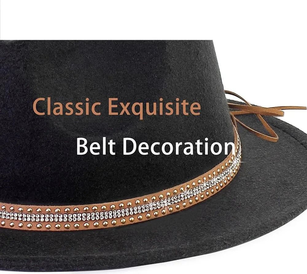 LolliWeaver Women Fashion Flat Wide Brim Teardrop Crown Felt Fedora Hat with Hat Belt