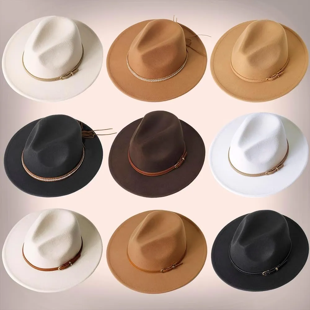 LolliWeaver Women Fashion Flat Wide Brim Teardrop Crown Felt Fedora Hat with Hat Belt