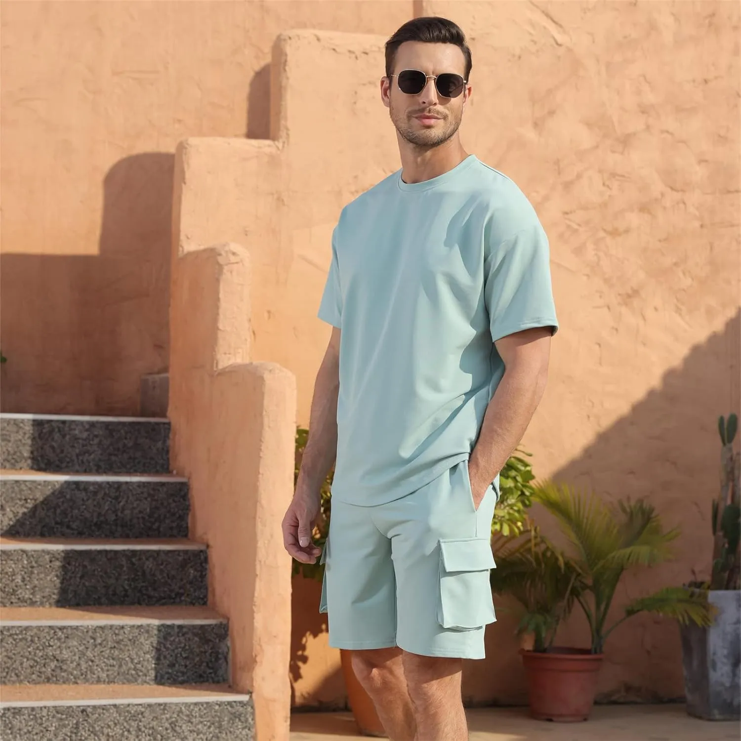 Opomelo Mens Short Sets 2 Piece Outfits - Casual Summer Short Sleeve Sweatsuits Sets for Men with Cargo Pocket