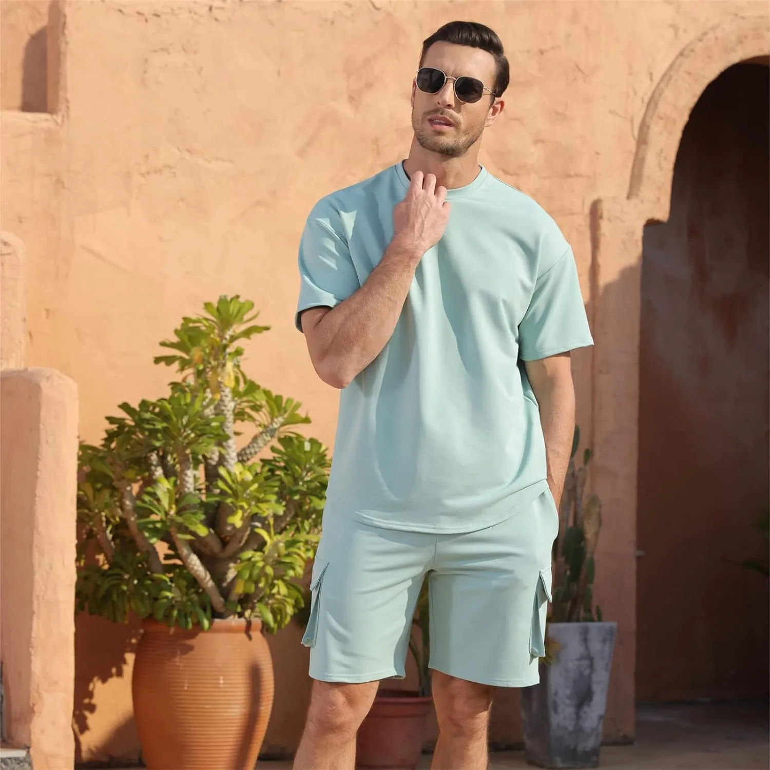 Opomelo Mens Short Sets 2 Piece Outfits - Casual Summer Short Sleeve Sweatsuits Sets for Men with Cargo Pocket