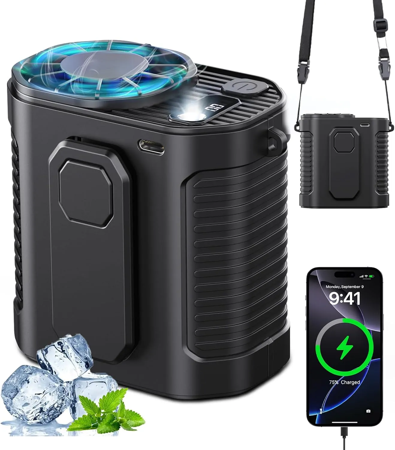 Portable Waist Fan, 10-Speed Body Fan with LED Light, Hands-Free Wearable Belt Clip Waist Fans, 10000mAh Personal Rechargeable Fans, Dual Clips & Power Bank, 15000RPM for Camping, Outdoor, Jobsite