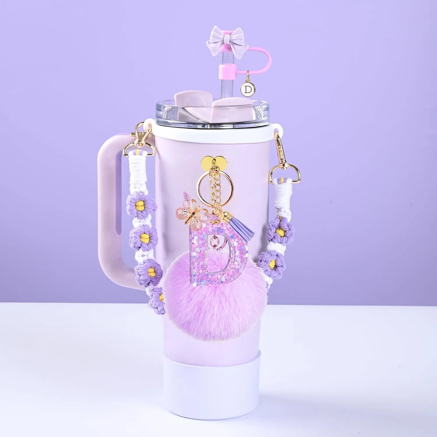 Stanley Cup Accessories Set, 10mm Bow Straw Topper, Siliocne Boot, Water Bottle Handle Strap, Letter Charms for Stanley Cup Straw Cover Cap 40oz 30oz Tumbler (A-Purple)