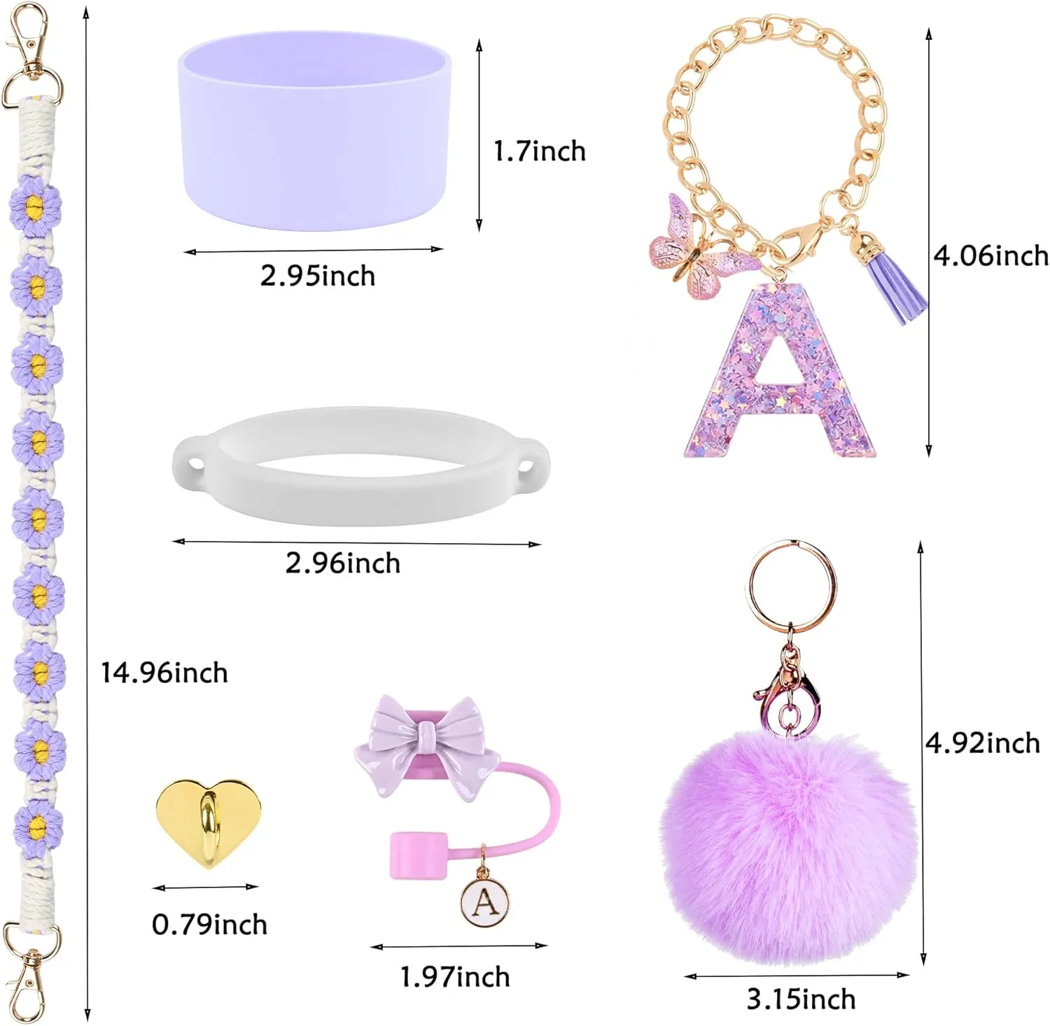 Stanley Cup Accessories Set, 10mm Bow Straw Topper, Siliocne Boot, Water Bottle Handle Strap, Letter Charms for Stanley Cup Straw Cover Cap 40oz 30oz Tumbler (A-Purple)