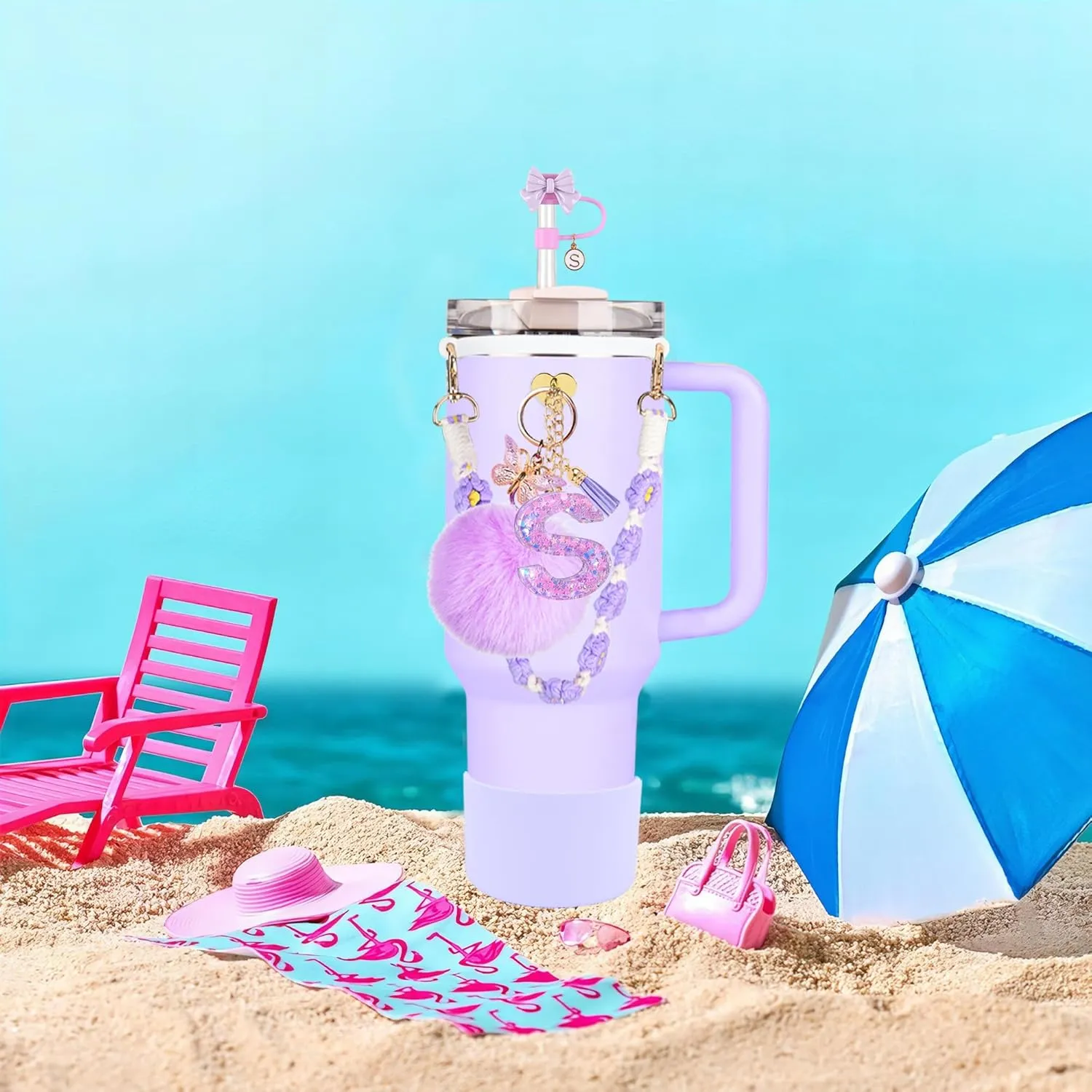 Stanley Cup Accessories Set, 10mm Bow Straw Topper, Siliocne Boot, Water Bottle Handle Strap, Letter Charms for Stanley Cup Straw Cover Cap 40oz 30oz Tumbler (A-Purple)