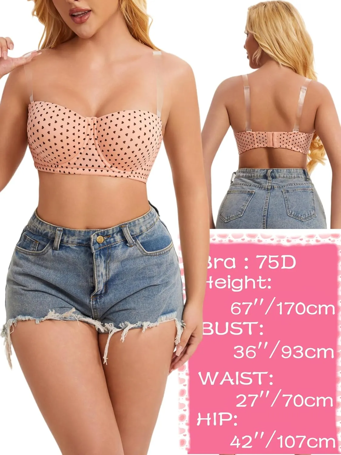 Women's Push up Strapless Bra with Clear Straps for Big Bust, Never Move On Party Band Size(34-48) Cup B/C/D/DD/DDD/G