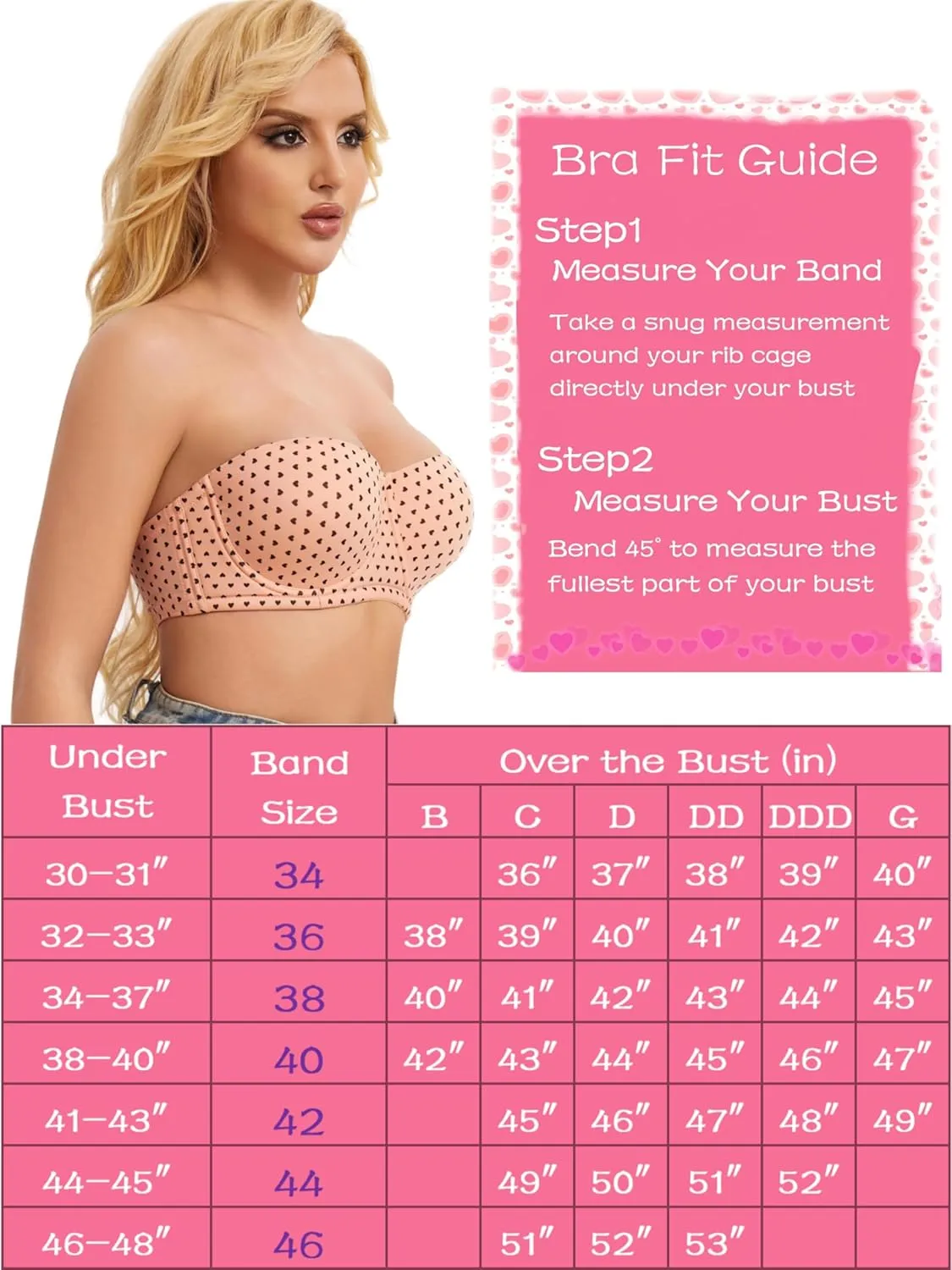 Women's Push up Strapless Bra with Clear Straps for Big Bust, Never Move On Party Band Size(34-48) Cup B/C/D/DD/DDD/G